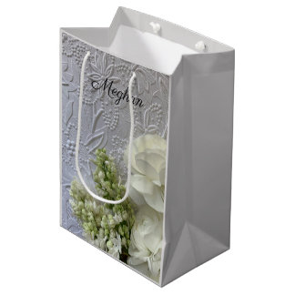 White flowers on embossed background medium gift bag