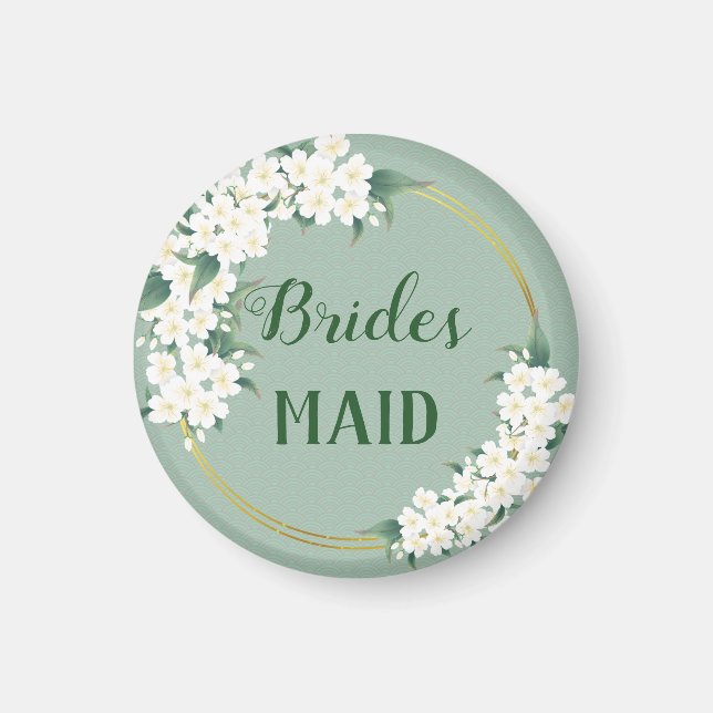 White Flowers on Green Bridesmaid Wedding Favour Magnet (Front)