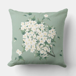 White Flowers on Green Chinoiserie Clouds Pattern Cushion