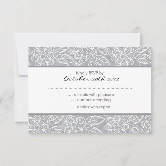 white flowers on grey pattern RSVP Invitation (Front)