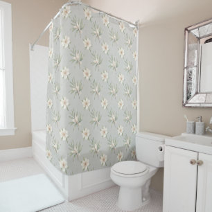 White flowers on grey pattern shower curtain