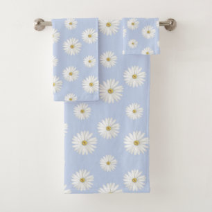 White Flowers on Light Blue Bath Towel Set