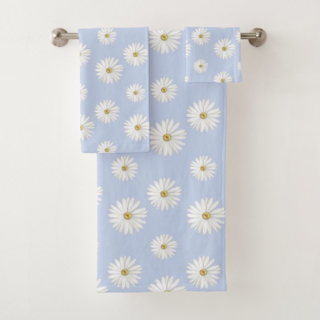 White Flowers on Light Blue Bath Towel Set (Insitu)