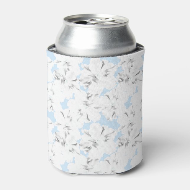 White flowers on light blue. can cooler (Can Front)