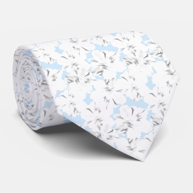 White flowers on light blue. tie (Rolled)
