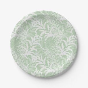 White flowers on light green. paper plate