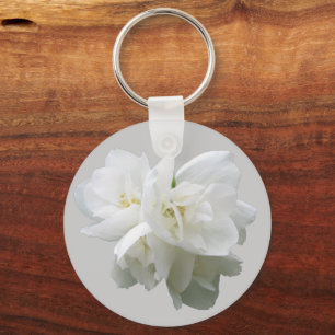 White Flowers on Light Grey Background Key Ring