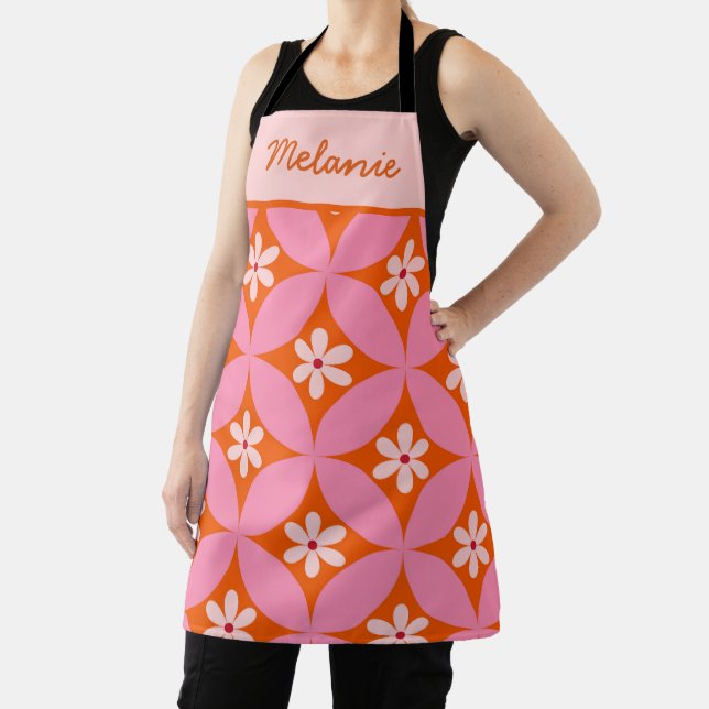 White Flowers on Mid Century Pink Circles Custom  Apron (Insitu)