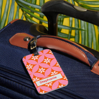 White Flowers on Mid Century Pink Circles custom Luggage Tag