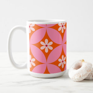 White Flowers on Mid Century Pink Circles Pattern  Coffee Mug