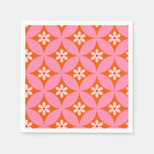 White Flowers on Mid Century Pink Circles Pattern Napkin