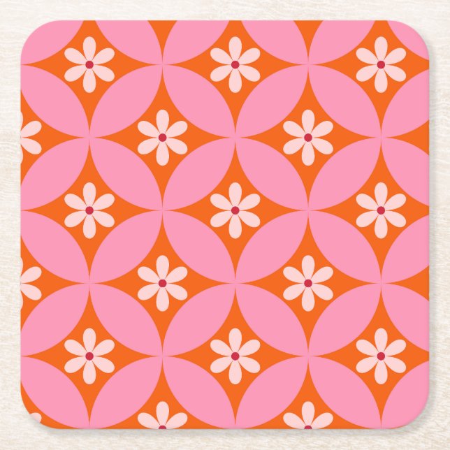 White Flowers on Mid Century Pink Circles Pattern  Square Paper Coaster (Front)