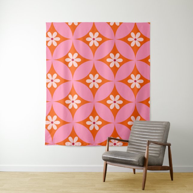 White Flowers on Mid Century Pink Circles Pattern  Tapestry (In Situ)