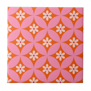 White Flowers on Mid Century Pink Circles Pattern  Tile