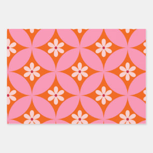 White Flowers on Mid Century Pink Circles Pattern  Wrapping Paper Sheet