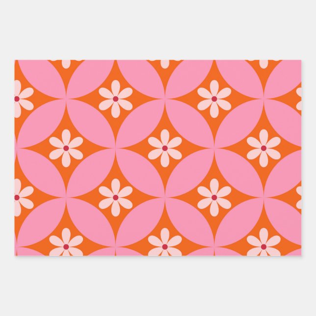 White Flowers on Mid Century Pink Circles Pattern  Wrapping Paper Sheet (Front)