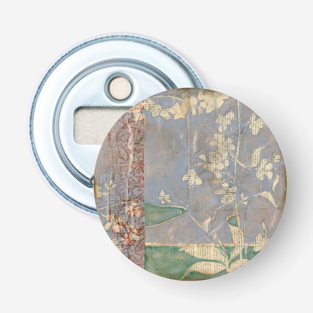 White Flowers on Newsprint Background Bottle Opener (Front)