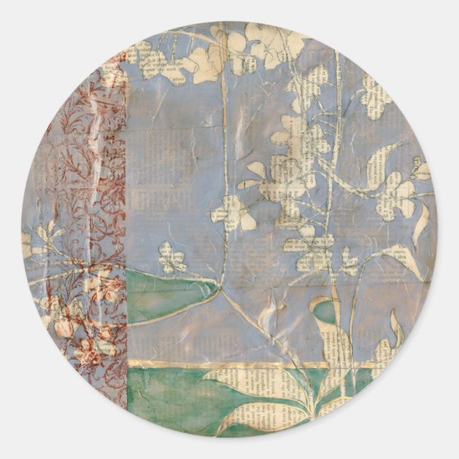 White Flowers on Newsprint Background Classic Round Sticker (Front)