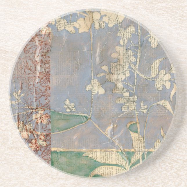 White Flowers on Newsprint Background Coaster (Front)