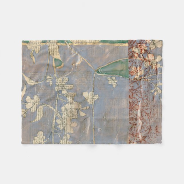 White Flowers on Newsprint Background Fleece Blanket (Front (Horizontal))