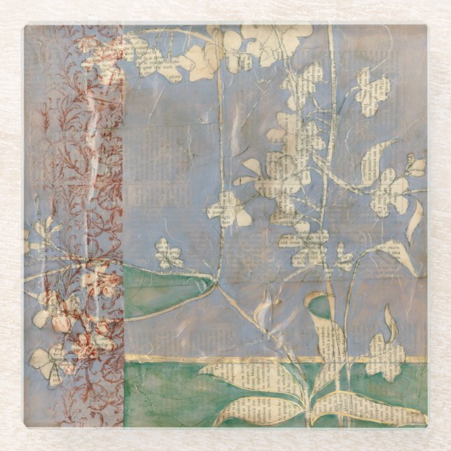 White Flowers on Newsprint Background Glass Coaster (Front)