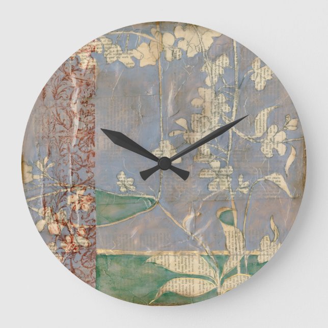 White Flowers on Newsprint Background Large Clock (Front)