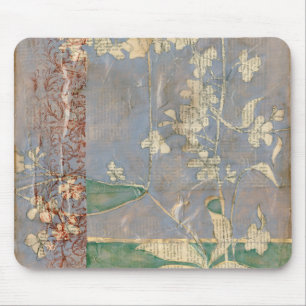 White Flowers on Newsprint Background Mouse Mat