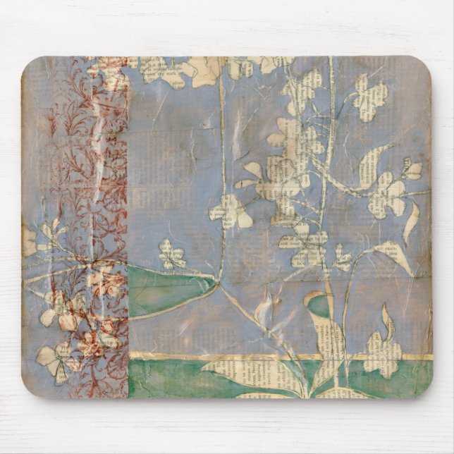 White Flowers on Newsprint Background Mouse Mat (Front)