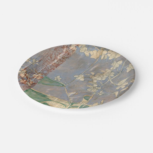 White Flowers on Newsprint Background Paper Plate (Angled)