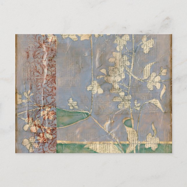 White Flowers on Newsprint Background Postcard (Front)