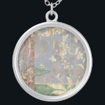 White Flowers on Newsprint Background Silver Plated Necklace<br><div class="desc">The newsprint background and deeply coloured background almost hide the white flowers that are the focus of this painting by Jennifer Goldberger. A very unique and engaging print,  it could make a nice gift for someone who loves avant-garde art!</div>