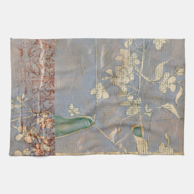 White Flowers on Newsprint Background Tea Towel (Horizontal)