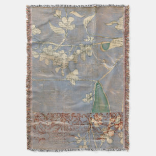 White Flowers on Newsprint Background Throw Blanket