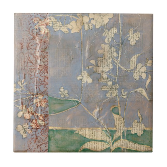 White Flowers on Newsprint Background Tile (Front)