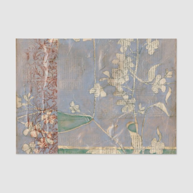 White Flowers on Newsprint Background Tissue Paper (Front)