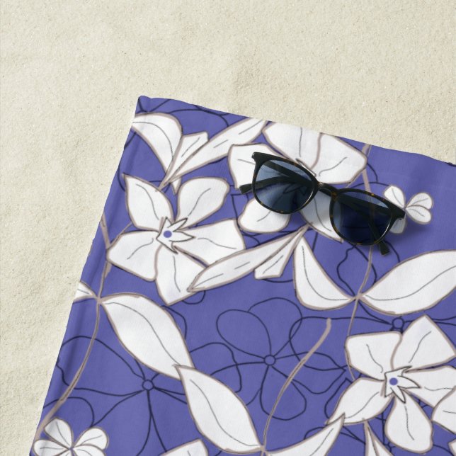White Flowers on Periwinkle Lavender Beach Towel (In Situ)