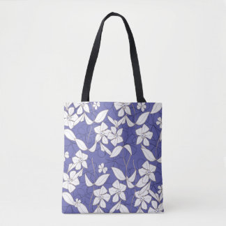 White Flowers on Periwinkle Tote Bag