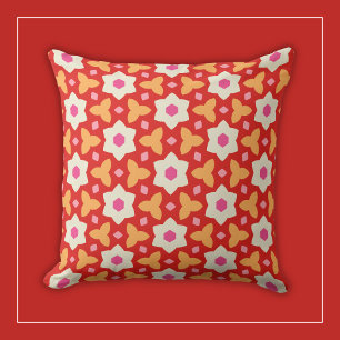 White Flowers on Red and Peach Geometric Floral Cushion