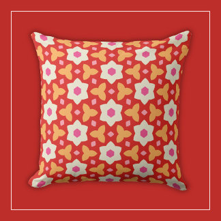 White Flowers on Red and Peach Geometric Floral Cushion