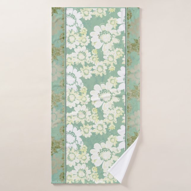 White Flowers on Sea-green Bath towels (Bath Towel)
