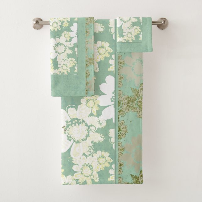 White Flowers on Sea-green Bath towels (Insitu)