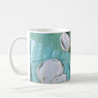 White Flowers on Teal and Yellow Field Coffee Mug