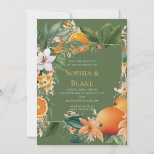 White Flowers, Oranges and Greenery Green Wedding Invitation