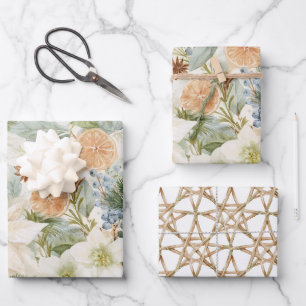 White Flowers Oranges Christmas Wrapping Paper Sheet