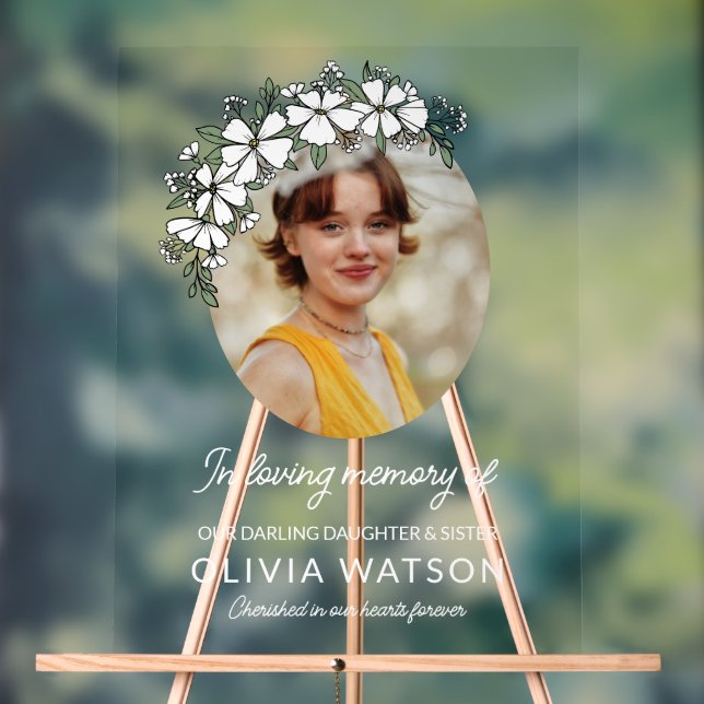 White Flowers Oval Photo In Loving Memory Acrylic Sign (Neutral)