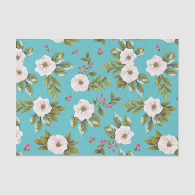 White flowers painting on turquoise background tissue paper (Front)