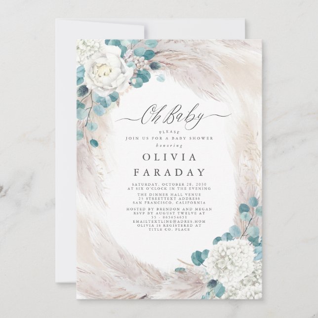 White Flowers Pampas Grass Baby Shower Invitation (Front)