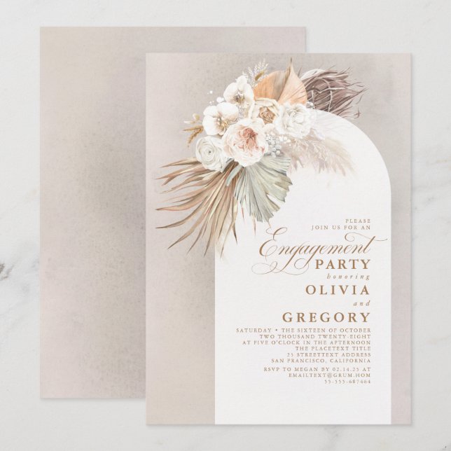 White Flowers Pampas Grass Boho Engagement Party Invitation (Front/Back)