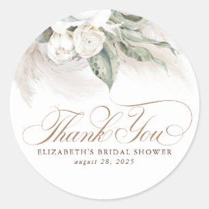 White Flowers Pampas Grass Boho Thank You Classic Round Sticker
