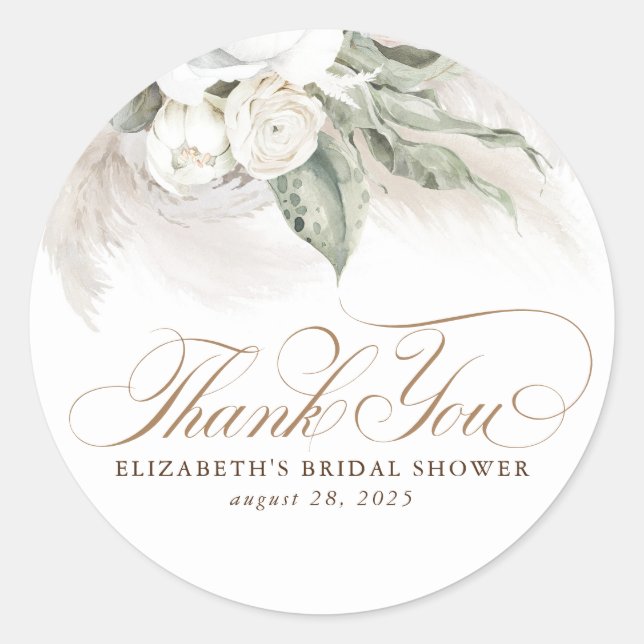 White Flowers Pampas Grass Boho Thank You Classic Round Sticker (Front)